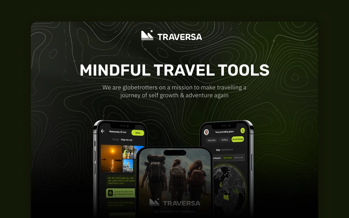 Traversa's live site: the Mindful Travel Tools hero over a contour-map ground, with three app screens below it